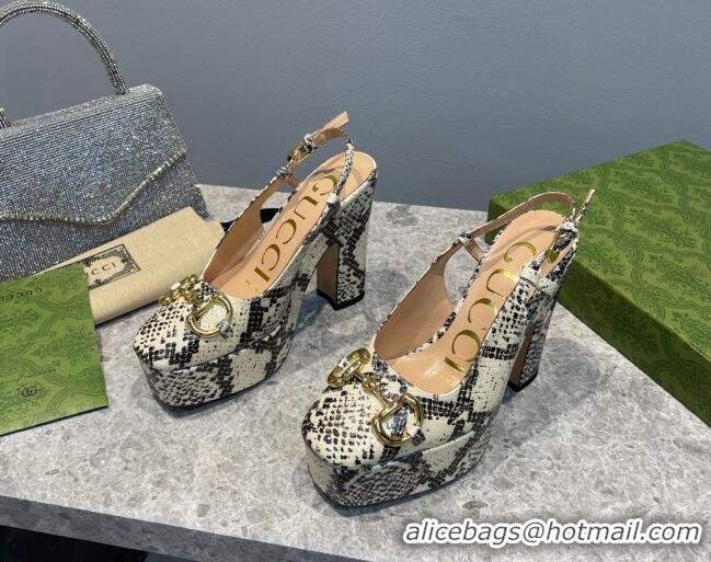 Low Price Gucci High Heel Platform Slingback Pumps 12cm with Horsebit in Snakeskin-Like Leather Grey/Beige 404007