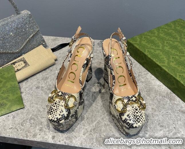 Low Price Gucci High Heel Platform Slingback Pumps 12cm with Horsebit in Snakeskin-Like Leather Grey/Beige 404007