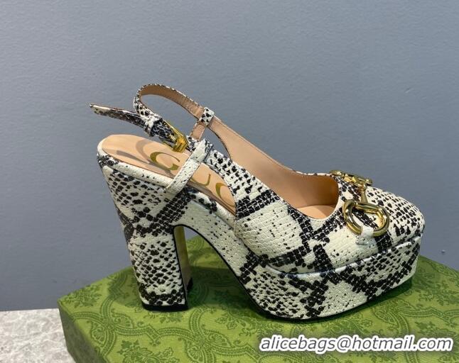 Low Price Gucci High Heel Platform Slingback Pumps 12cm with Horsebit in Snakeskin-Like Leather Grey/Beige 404007