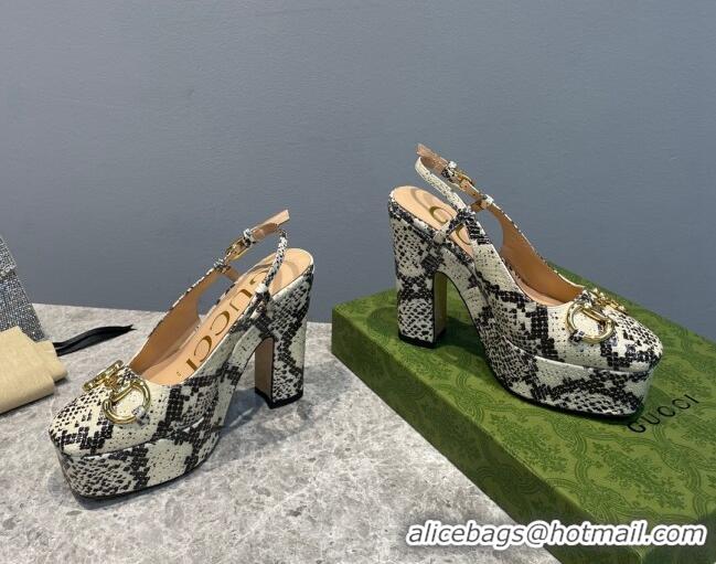 Low Price Gucci High Heel Platform Slingback Pumps 12cm with Horsebit in Snakeskin-Like Leather Grey/Beige 404007