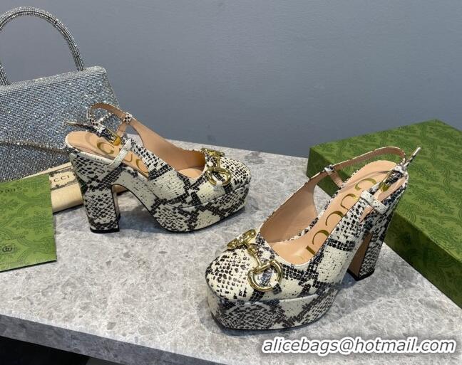 Low Price Gucci High Heel Platform Slingback Pumps 12cm with Horsebit in Snakeskin-Like Leather Grey/Beige 404007