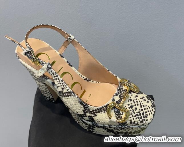 Low Price Gucci High Heel Platform Slingback Pumps 12cm with Horsebit in Snakeskin-Like Leather Grey/Beige 404007