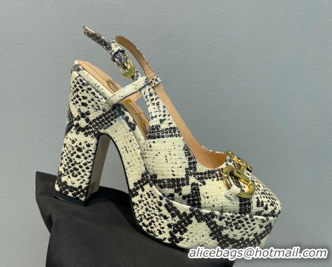 Low Price Gucci High Heel Platform Slingback Pumps 12cm with Horsebit in Snakeskin-Like Leather Grey/Beige 404007