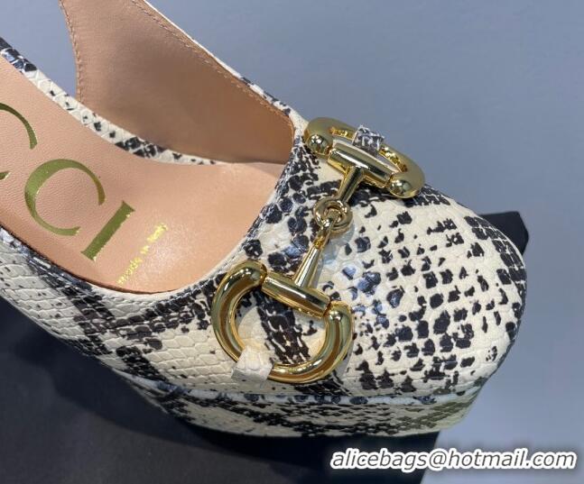 Low Price Gucci High Heel Platform Slingback Pumps 12cm with Horsebit in Snakeskin-Like Leather Grey/Beige 404007