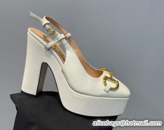 Shop Duplicate Gucci Leather High Heel Platform Slingback Pumps with Horsebit 12cm White 404008