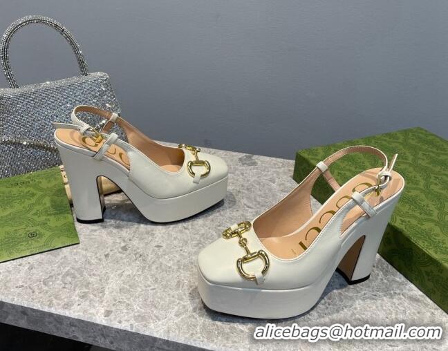 Shop Duplicate Gucci Leather High Heel Platform Slingback Pumps with Horsebit 12cm White 404008