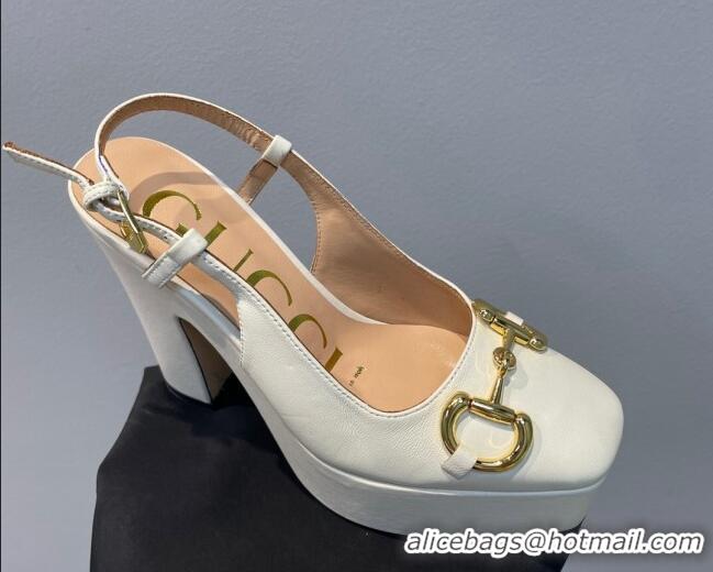 Shop Duplicate Gucci Leather High Heel Platform Slingback Pumps with Horsebit 12cm White 404008