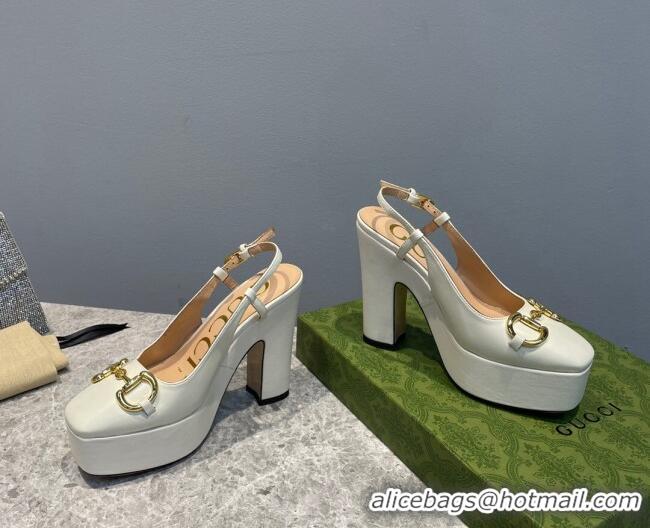 Shop Duplicate Gucci Leather High Heel Platform Slingback Pumps with Horsebit 12cm White 404008