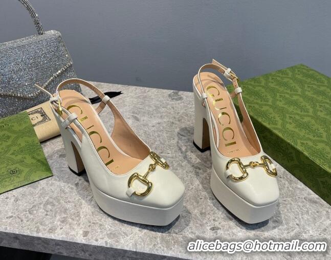 Shop Duplicate Gucci Leather High Heel Platform Slingback Pumps with Horsebit 12cm White 404008