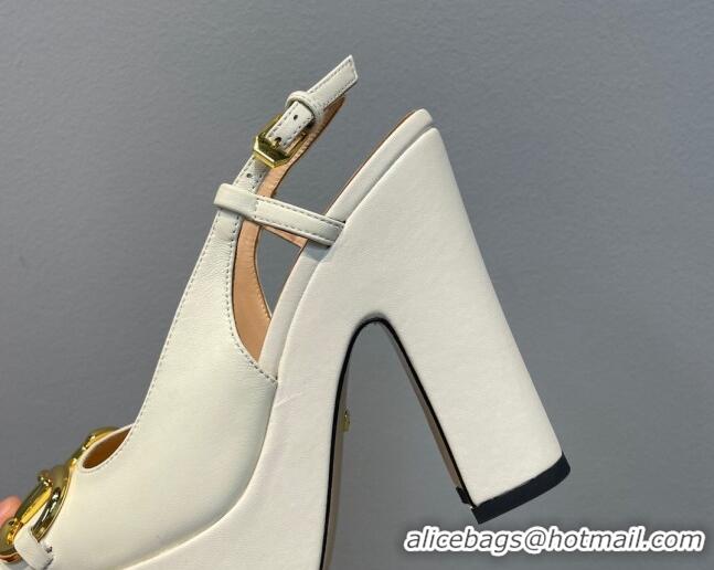 Shop Duplicate Gucci Leather High Heel Platform Slingback Pumps with Horsebit 12cm White 404008