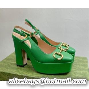 Discount Gucci Leather High Heel Platform Slingback Pumps with Horsebit 12cm Green 404009