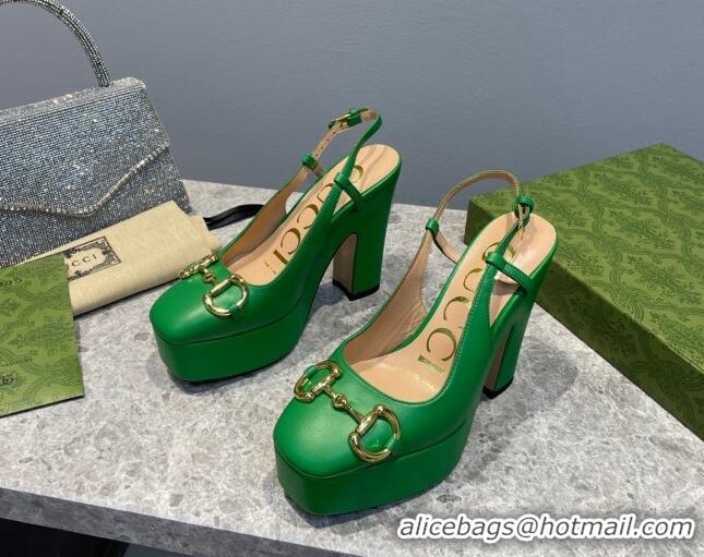 Discount Gucci Leather High Heel Platform Slingback Pumps with Horsebit 12cm Green 404009