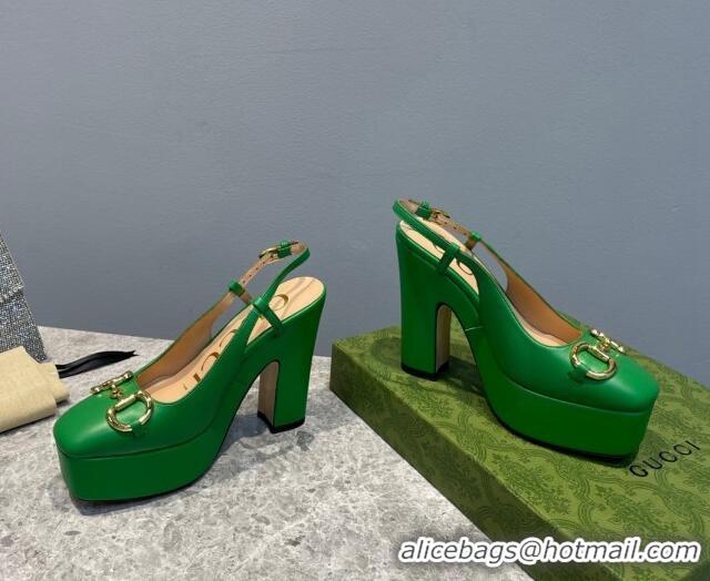 Discount Gucci Leather High Heel Platform Slingback Pumps with Horsebit 12cm Green 404009