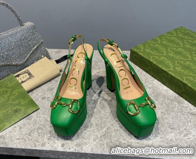 Discount Gucci Leather High Heel Platform Slingback Pumps with Horsebit 12cm Green 404009