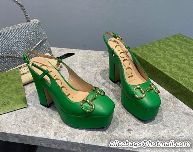 Discount Gucci Leather High Heel Platform Slingback Pumps with Horsebit 12cm Green 404009