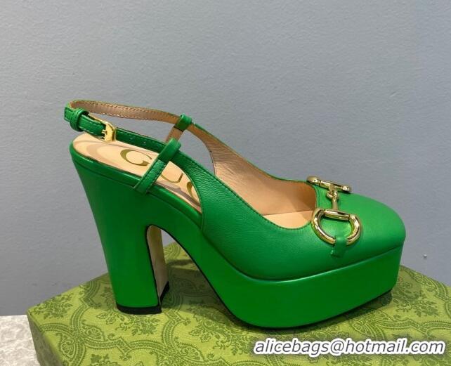 Discount Gucci Leather High Heel Platform Slingback Pumps with Horsebit 12cm Green 404009