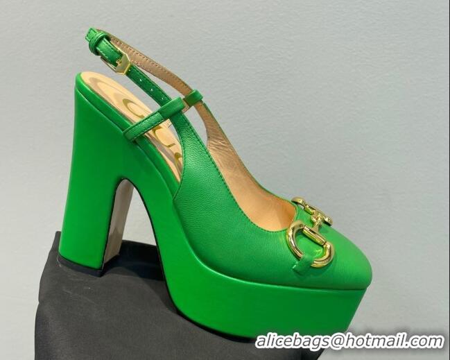 Discount Gucci Leather High Heel Platform Slingback Pumps with Horsebit 12cm Green 404009