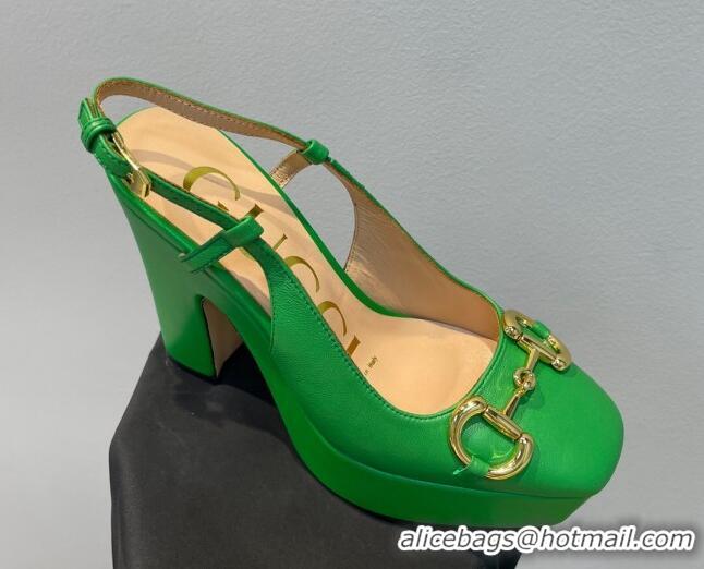 Discount Gucci Leather High Heel Platform Slingback Pumps with Horsebit 12cm Green 404009