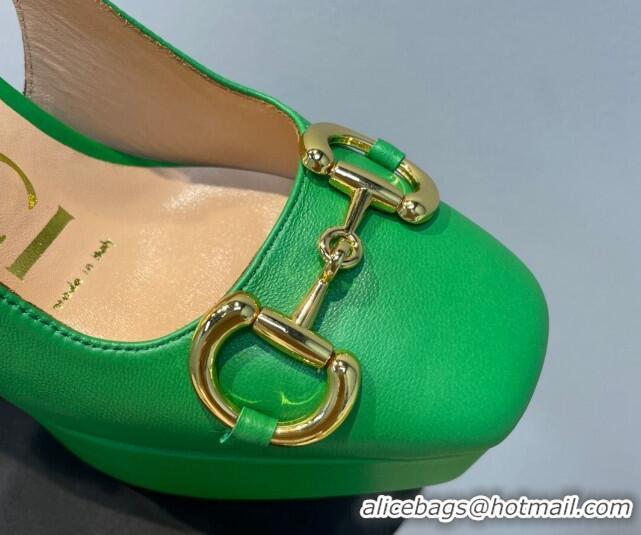 Discount Gucci Leather High Heel Platform Slingback Pumps with Horsebit 12cm Green 404009