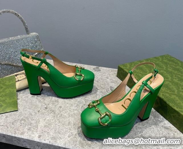 Discount Gucci Leather High Heel Platform Slingback Pumps with Horsebit 12cm Green 404009