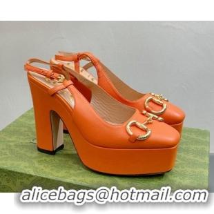 Charming Gucci Leather High Heel Platform Slingback Pumps with Horsebit 12cm Orange 404010