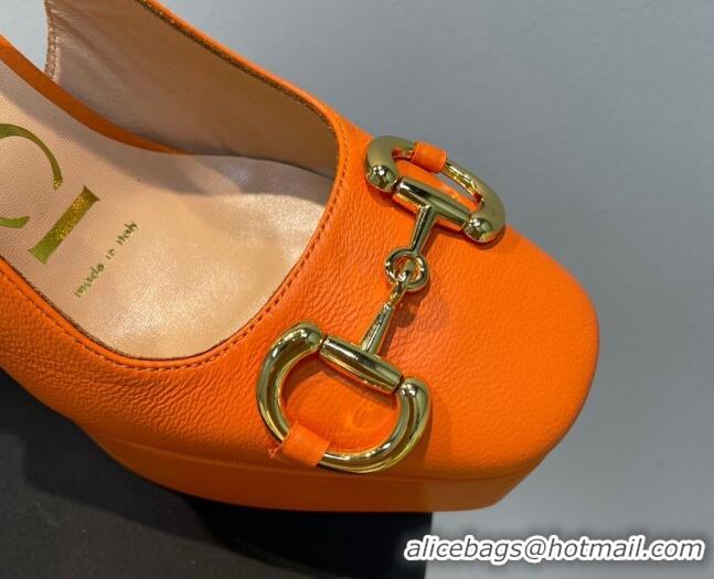 Charming Gucci Leather High Heel Platform Slingback Pumps with Horsebit 12cm Orange 404010