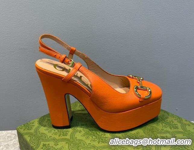 Charming Gucci Leather High Heel Platform Slingback Pumps with Horsebit 12cm Orange 404010