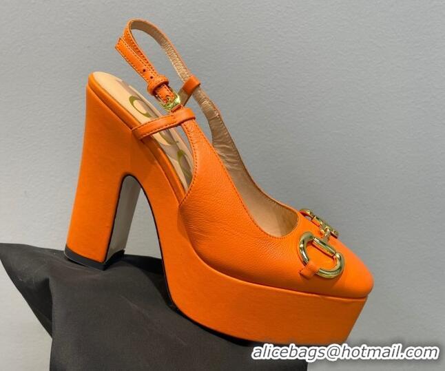 Charming Gucci Leather High Heel Platform Slingback Pumps with Horsebit 12cm Orange 404010