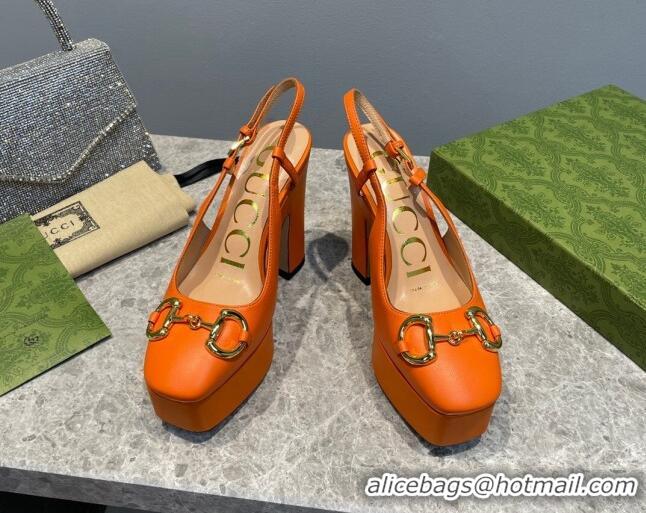 Charming Gucci Leather High Heel Platform Slingback Pumps with Horsebit 12cm Orange 404010