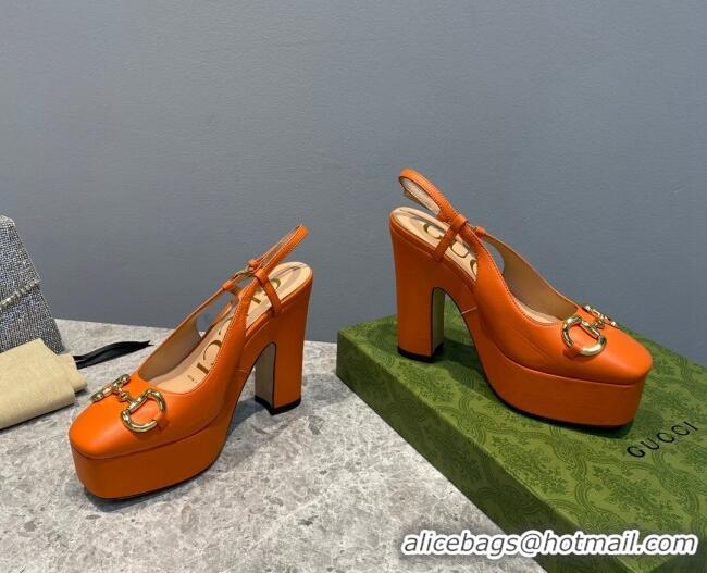 Charming Gucci Leather High Heel Platform Slingback Pumps with Horsebit 12cm Orange 404010