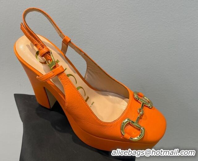 Charming Gucci Leather High Heel Platform Slingback Pumps with Horsebit 12cm Orange 404010