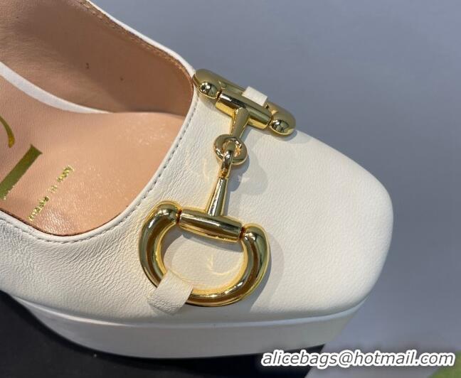 Pretty Style Gucci Leather High Heel Platform Slingback Pumps with Horsebit 12cm White 404011