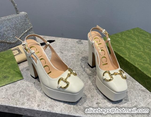 Pretty Style Gucci Leather High Heel Platform Slingback Pumps with Horsebit 12cm White 404011