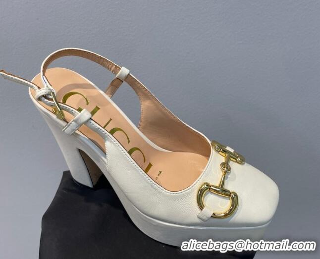 Pretty Style Gucci Leather High Heel Platform Slingback Pumps with Horsebit 12cm White 404011