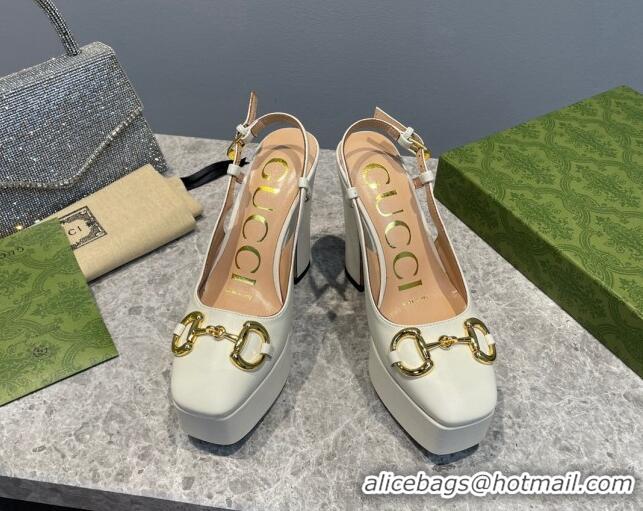 Pretty Style Gucci Leather High Heel Platform Slingback Pumps with Horsebit 12cm White 404011