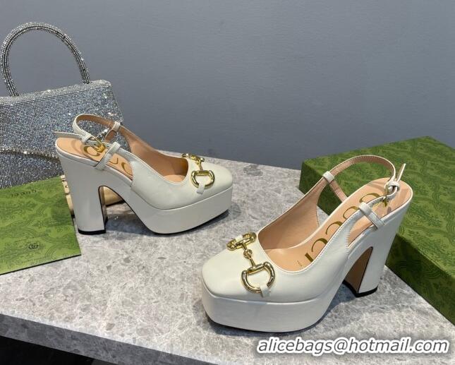 Pretty Style Gucci Leather High Heel Platform Slingback Pumps with Horsebit 12cm White 404011