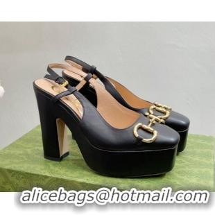 Good Looking Gucci Leather High Heel Platform Slingback Pumps with Horsebit 12cm Black 404012