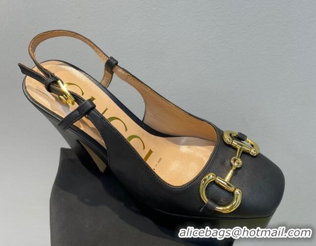 Good Looking Gucci Leather High Heel Platform Slingback Pumps with Horsebit 12cm Black 404012