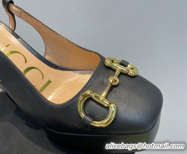 Good Looking Gucci Leather High Heel Platform Slingback Pumps with Horsebit 12cm Black 404012