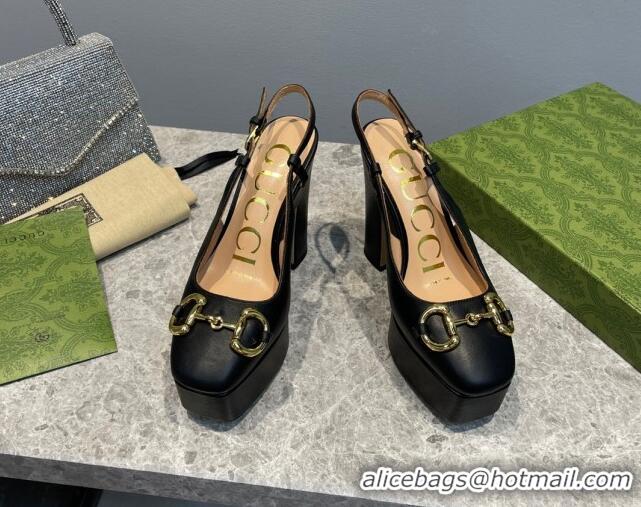 Good Looking Gucci Leather High Heel Platform Slingback Pumps with Horsebit 12cm Black 404012