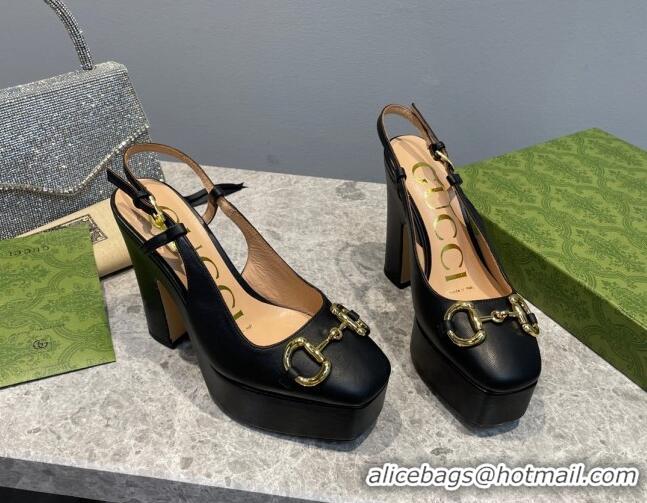 Good Looking Gucci Leather High Heel Platform Slingback Pumps with Horsebit 12cm Black 404012