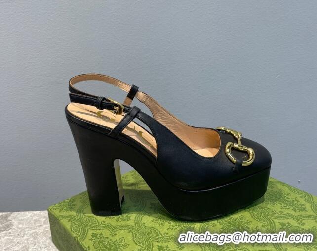 Good Looking Gucci Leather High Heel Platform Slingback Pumps with Horsebit 12cm Black 404012