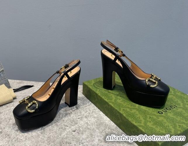 Good Looking Gucci Leather High Heel Platform Slingback Pumps with Horsebit 12cm Black 404012