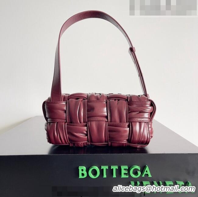 Famous Brand Bottega Veneta Small Brick Cassette Bag in Foulard Intreccio Leather 736233 Burgundy 2023