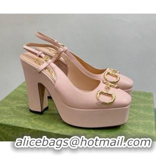 Cheap Price Gucci Leather High Heel Platform Slingback Pumps with Horsebit 12cm Nude Pink 0404013