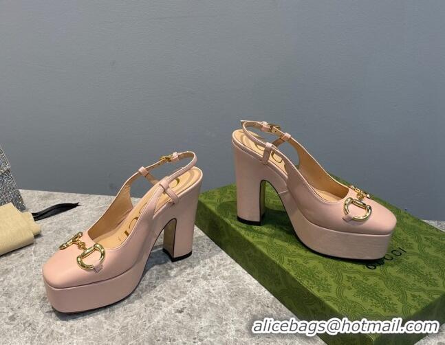 Cheap Price Gucci Leather High Heel Platform Slingback Pumps with Horsebit 12cm Nude Pink 0404013