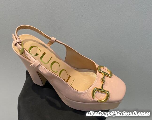 Cheap Price Gucci Leather High Heel Platform Slingback Pumps with Horsebit 12cm Nude Pink 0404013