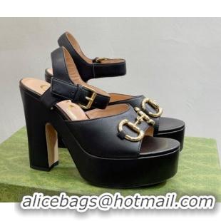 Classic Hot Gucci Leather High Heel Platform Sandals with Horsebit 12cm Black 0404014