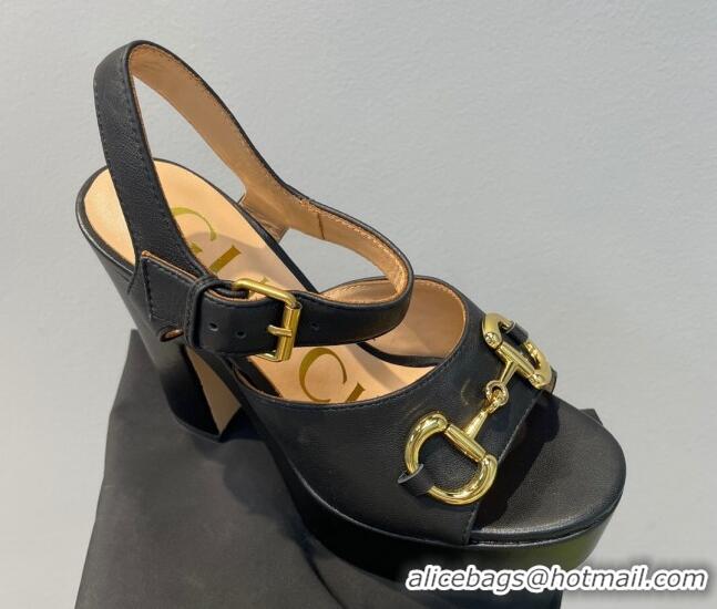 Classic Hot Gucci Leather High Heel Platform Sandals with Horsebit 12cm Black 0404014