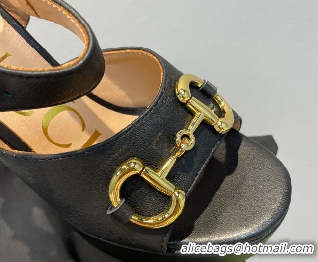 Classic Hot Gucci Leather High Heel Platform Sandals with Horsebit 12cm Black 0404014